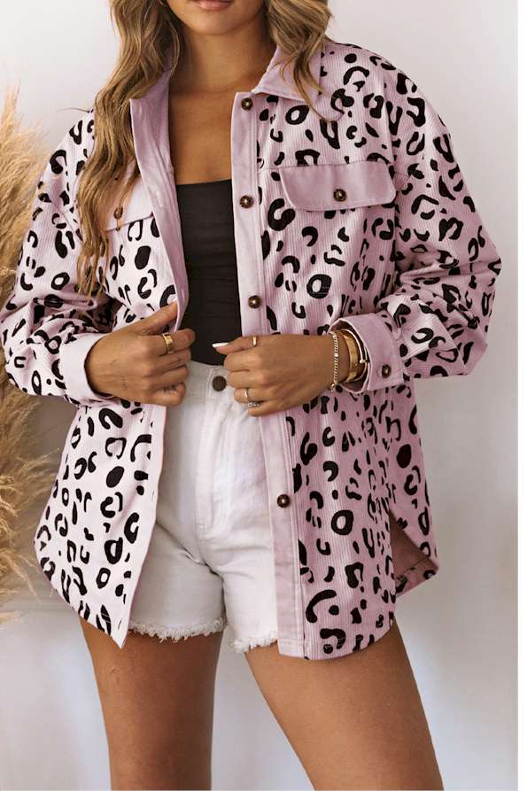 Pink Collared Neckline Flap Pockets Leopard Corduroy Jacket