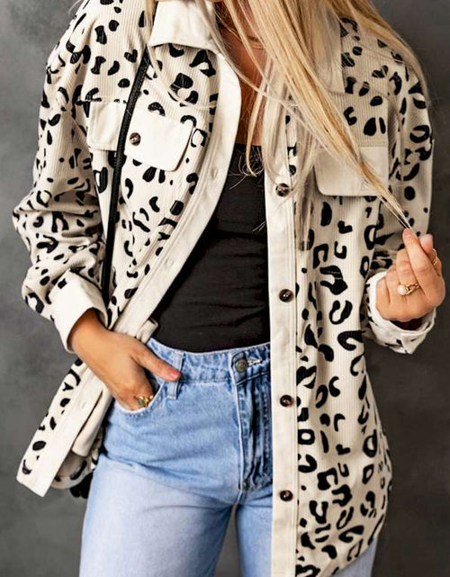 Load image into Gallery viewer, Pink Collared Neckline Flap Pockets Leopard Corduroy Jacket
