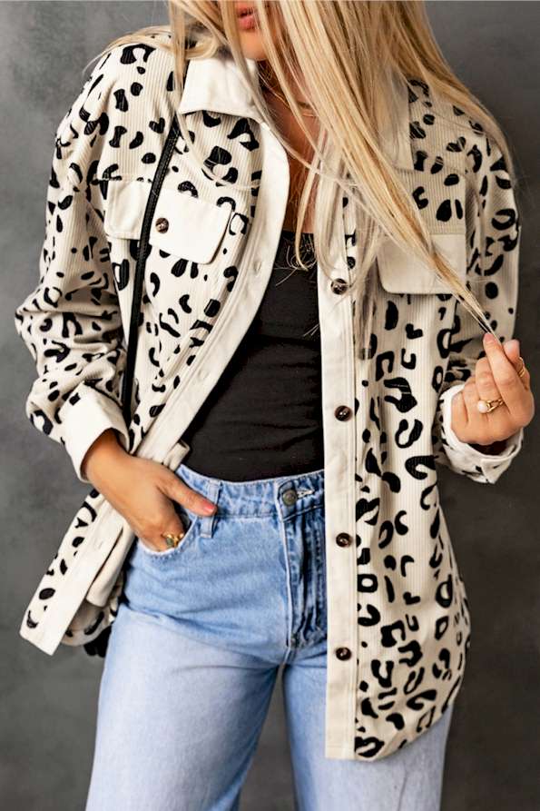 Pink Collared Neckline Flap Pockets Leopard Corduroy Jacket