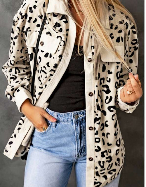 Load image into Gallery viewer, Pink Collared Neckline Flap Pockets Leopard Corduroy Jacket
