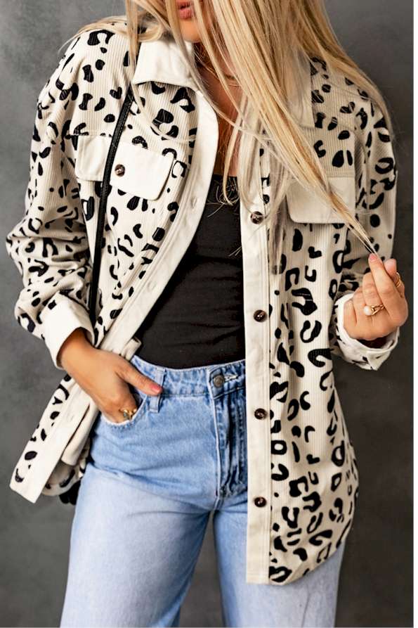 Pink Collared Neckline Flap Pockets Leopard Corduroy Jacket