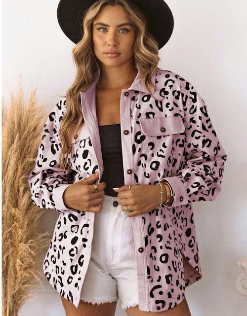 Load image into Gallery viewer, Pink Collared Neckline Flap Pockets Leopard Corduroy Jacket
