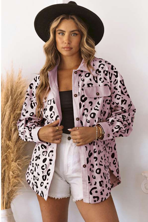 Pink Collared Neckline Flap Pockets Leopard Corduroy Jacket