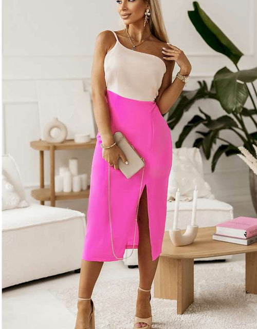 Load image into Gallery viewer, Pink and White Side Slit One Shoulder Bodycon Midi Dress
