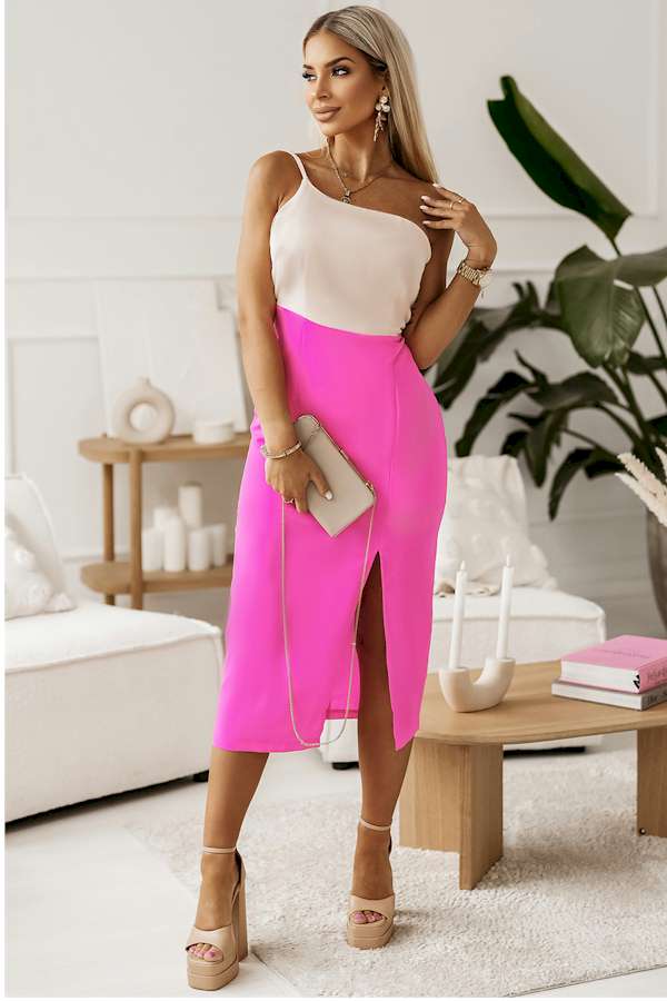 Pink and White Side Slit One Shoulder Bodycon Midi Dress