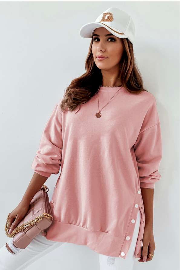 Pink Crew Neck Slit Buttons Sweatshirt