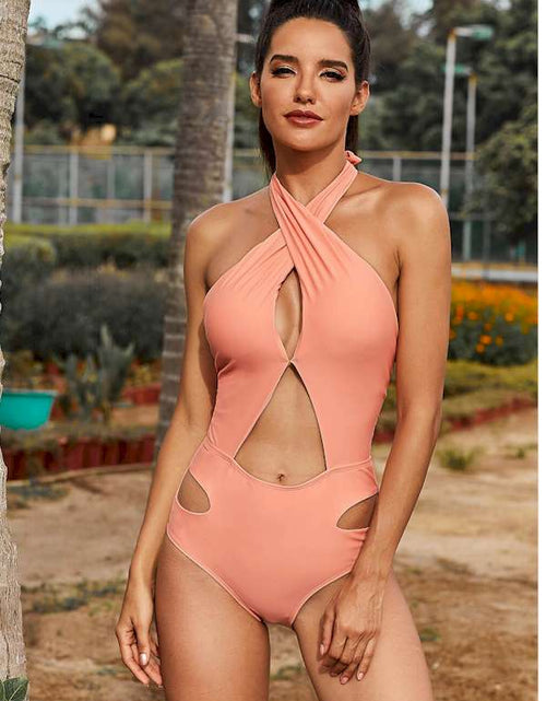 Load image into Gallery viewer, Pink Cross Halter Neck Hollow Out One-piece Swimsuit
