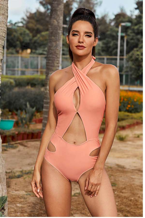 Pink Cross Halter Neck Hollow Out One-piece Swimsuit