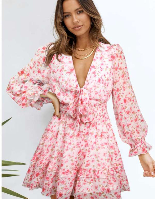 Load image into Gallery viewer, Pink Deep V Neck Lantern Sleeve Knotted Tiered Mini Dress
