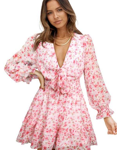 Load image into Gallery viewer, Pink Deep V Neck Lantern Sleeve Knotted Tiered Mini Dress
