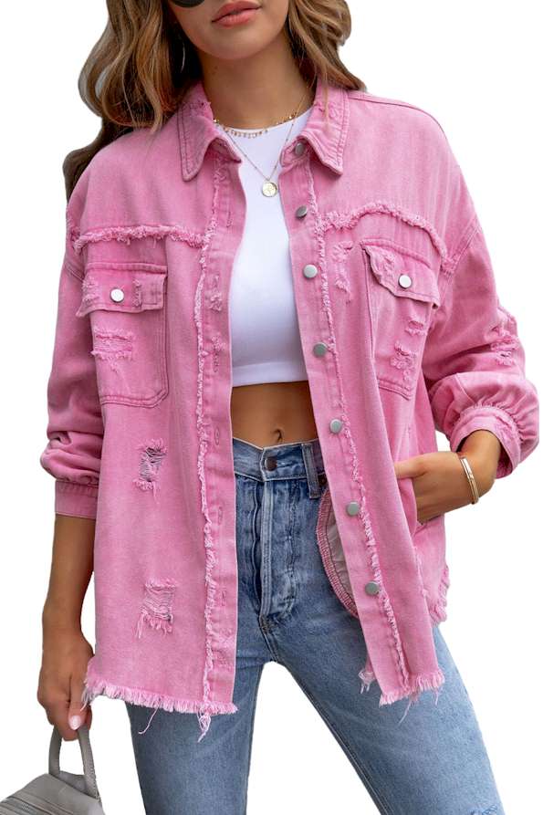 Pink Distressed Flap Pockets Raw Edge Denim Shacket