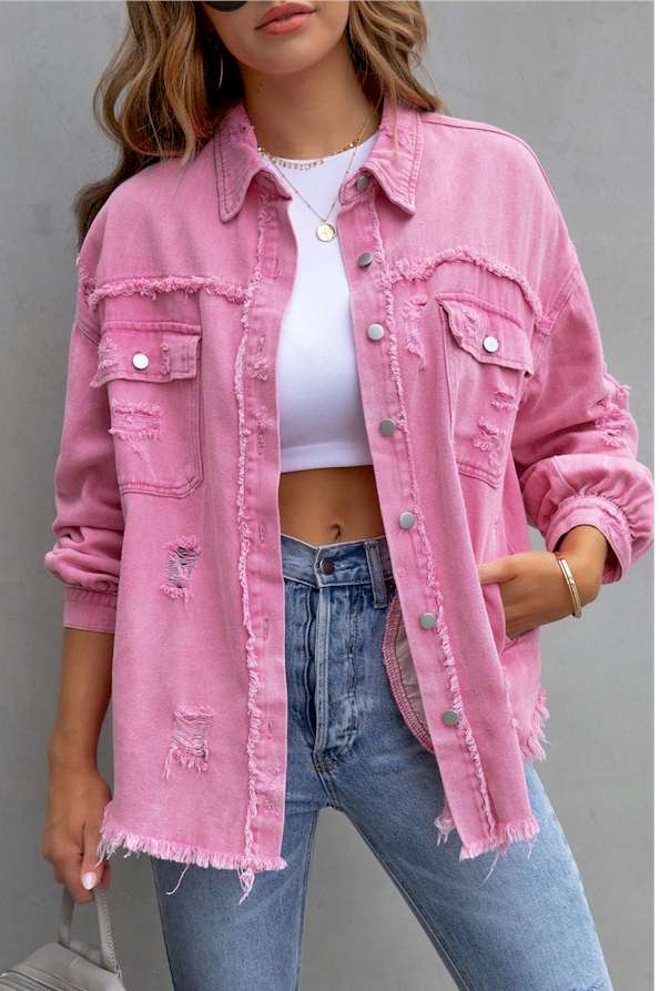 Pink Distressed Flap Pockets Raw Edge Denim Shacket