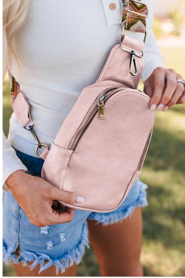 Pink Faux Leather Zipped Crossbody Chest Bag