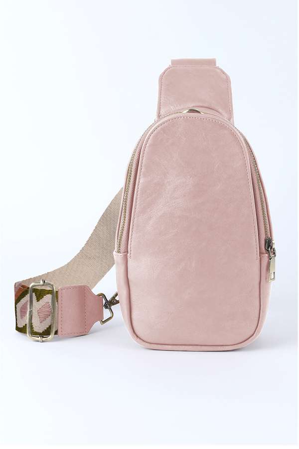 Pink Faux Leather Zipped Crossbody Chest Bag