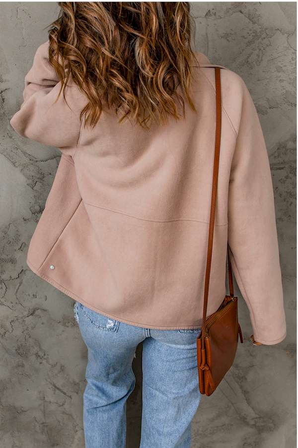 Pink Faux Shearling Lining Snap Button Suede Jacket