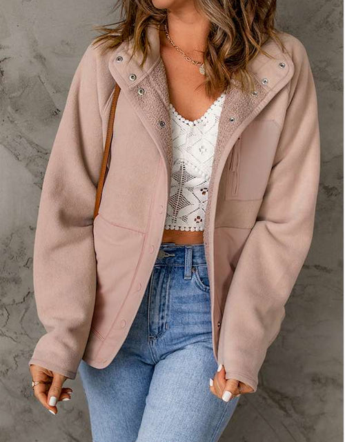 Load image into Gallery viewer, Pink Faux Shearling Lining Snap Button Suede Jacket
