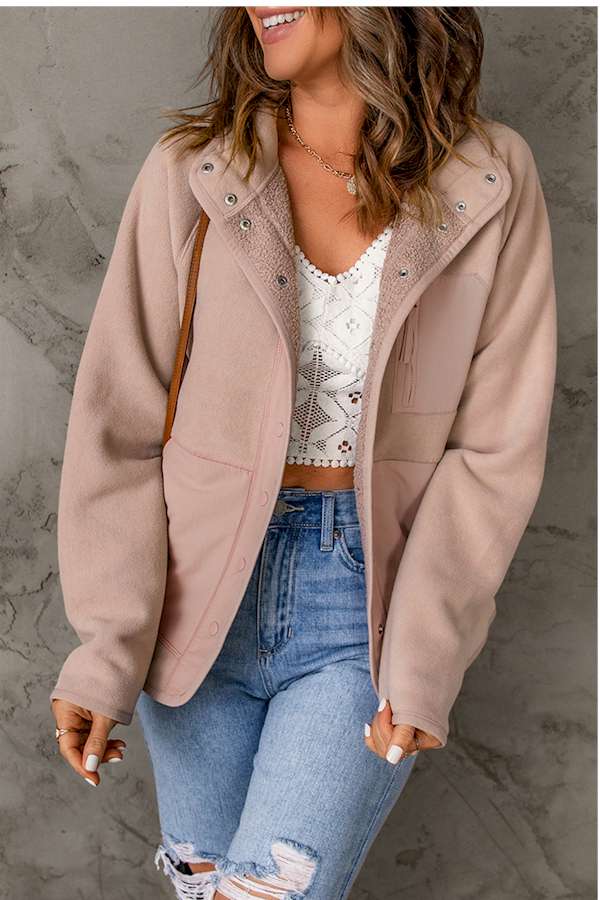 Pink Faux Shearling Lining Snap Button Suede Jacket