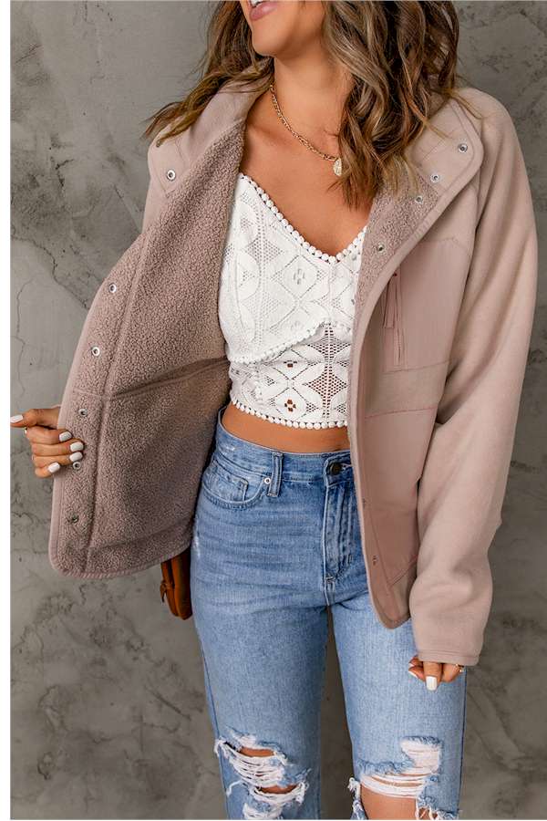 Pink Faux Shearling Lining Snap Button Suede Jacket