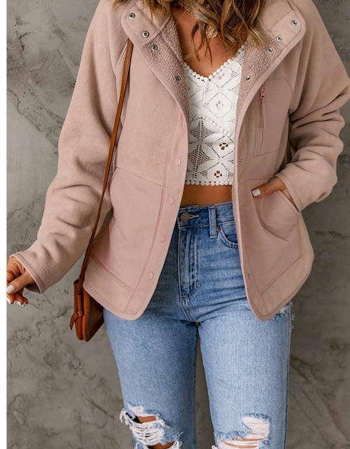 Load image into Gallery viewer, Pink Faux Shearling Lining Snap Button Suede Jacket
