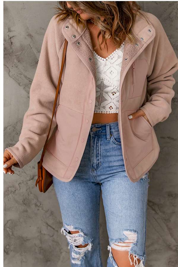 Pink Faux Shearling Lining Snap Button Suede Jacket