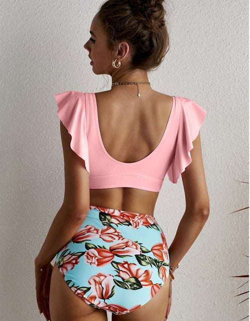 Load image into Gallery viewer, Pink Floral Ruffled Hem High Waist Bikini Set
