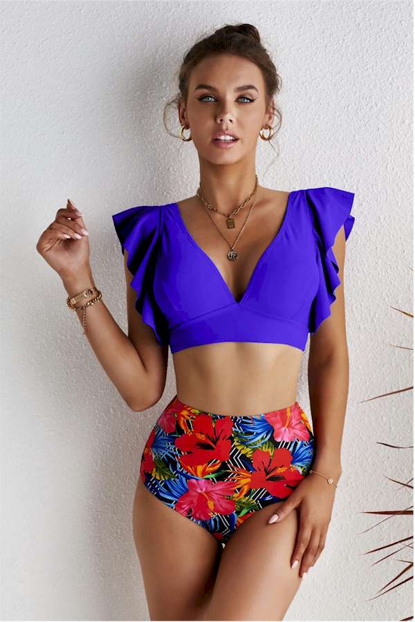 Pink Floral Ruffled Hem High Waist Bikini Set