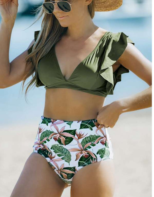 Load image into Gallery viewer, Pink Floral Ruffled Hem High Waist Bikini Set
