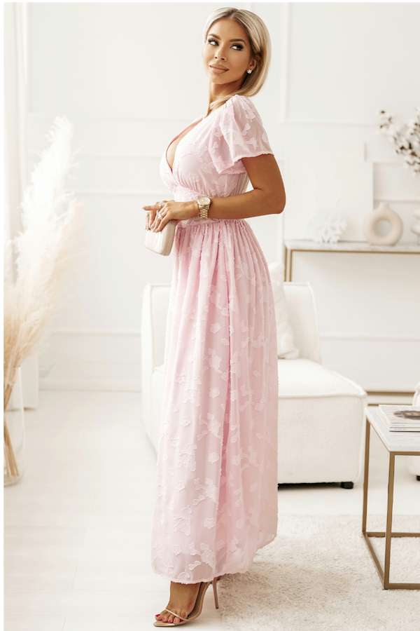 Pink Floral Textured V Neck Smocked Maxi Dress