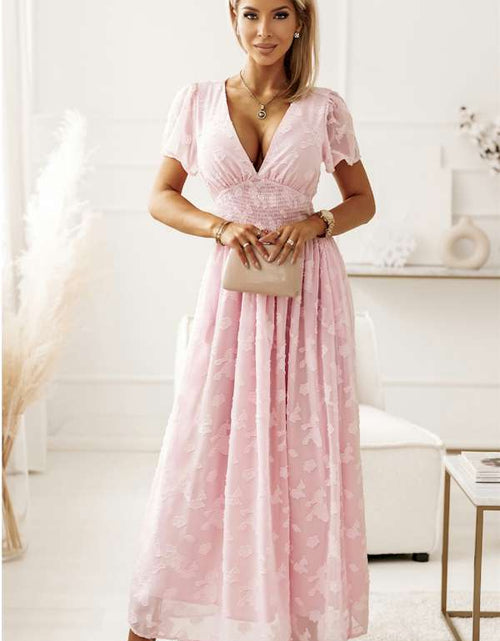 Load image into Gallery viewer, Pink Floral Textured V Neck Smocked Maxi Dress
