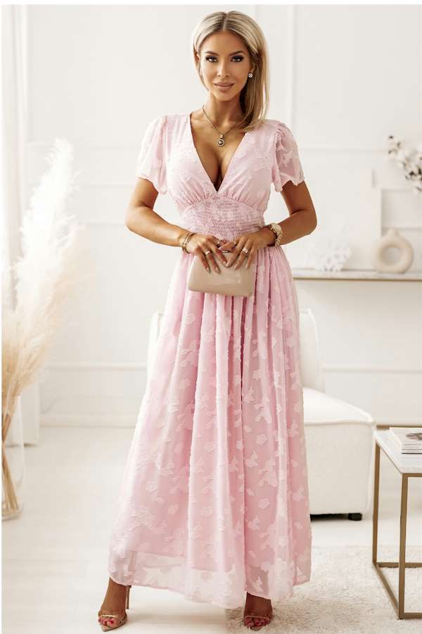 Pink Floral Textured V Neck Smocked Maxi Dress