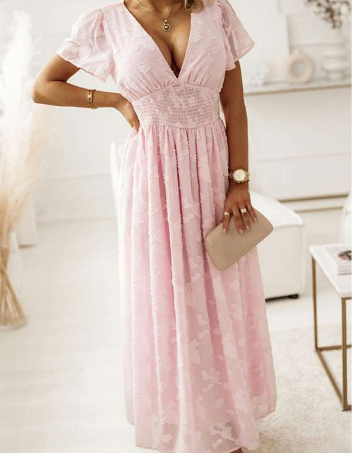 Load image into Gallery viewer, Pink Floral Textured V Neck Smocked Maxi Dress
