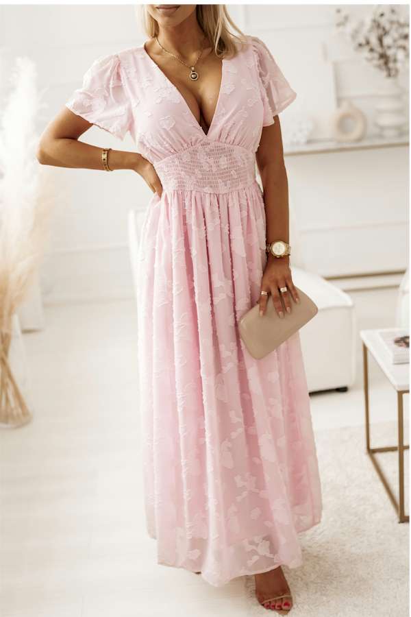 Pink Floral Textured V Neck Smocked Maxi Dress