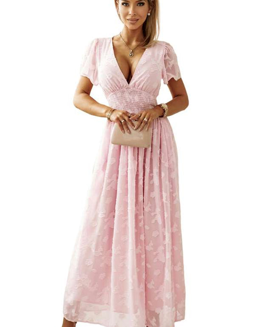 Load image into Gallery viewer, Pink Floral Textured V Neck Smocked Maxi Dress
