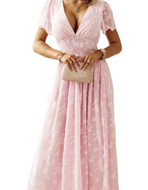 Load image into Gallery viewer, Pink Floral Textured V Neck Smocked Maxi Dress
