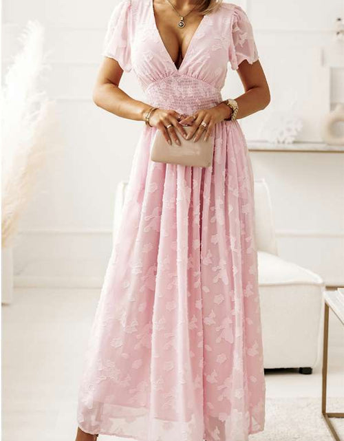 Load image into Gallery viewer, Pink Floral Textured V Neck Smocked Maxi Dress
