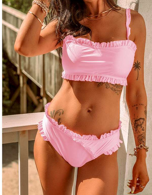 Load image into Gallery viewer, Pink Flounced Bandeau Bikini with Straps
