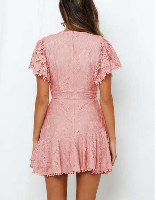 Load image into Gallery viewer, Sexy Pink Flutter Sleeves V Neck Lace Mini Dress
