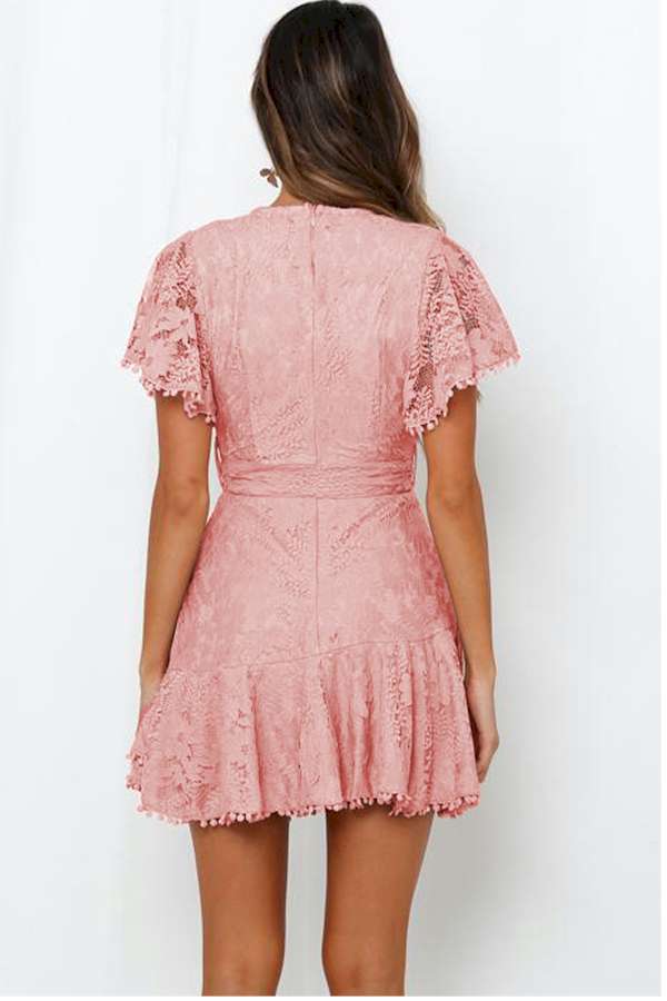 Sexy Pink Flutter Sleeves V Neck Lace Mini Dress