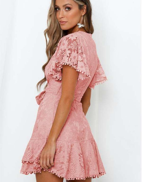 Load image into Gallery viewer, Sexy Pink Flutter Sleeves V Neck Lace Mini Dress
