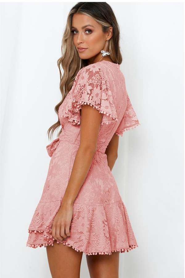 Sexy Pink Flutter Sleeves V Neck Lace Mini Dress