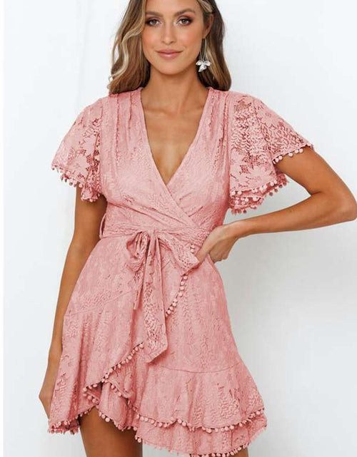 Load image into Gallery viewer, Sexy Pink Flutter Sleeves V Neck Lace Mini Dress
