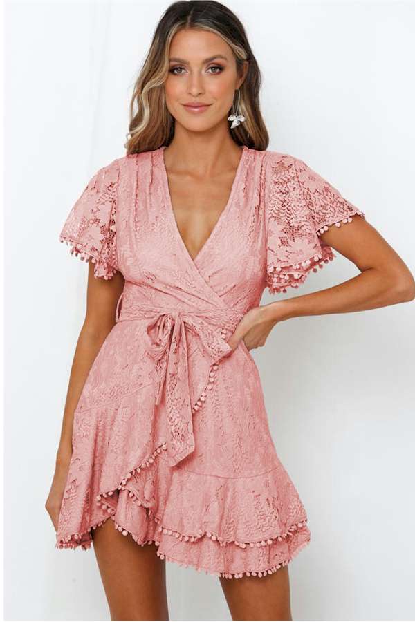 Sexy Pink Flutter Sleeves V Neck Lace Mini Dress