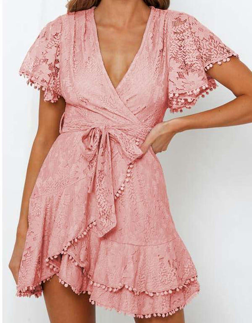 Load image into Gallery viewer, Sexy Pink Flutter Sleeves V Neck Lace Mini Dress
