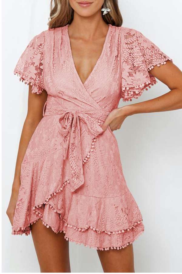 Sexy Pink Flutter Sleeves V Neck Lace Mini Dress