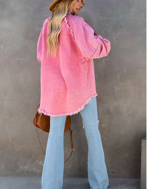 Load image into Gallery viewer, Pink Frayed Hemline Denim Shacket
