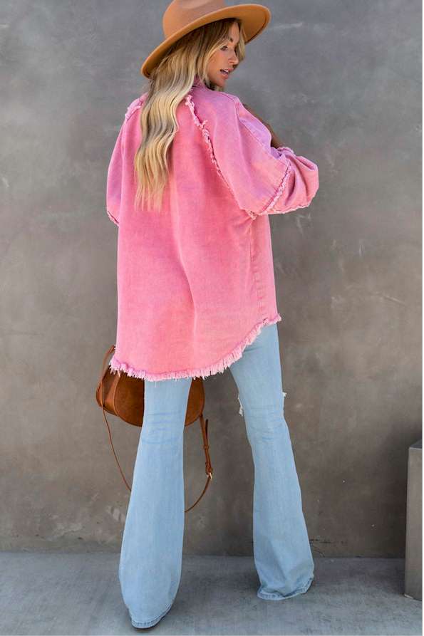 Pink Frayed Hemline Denim Shacket