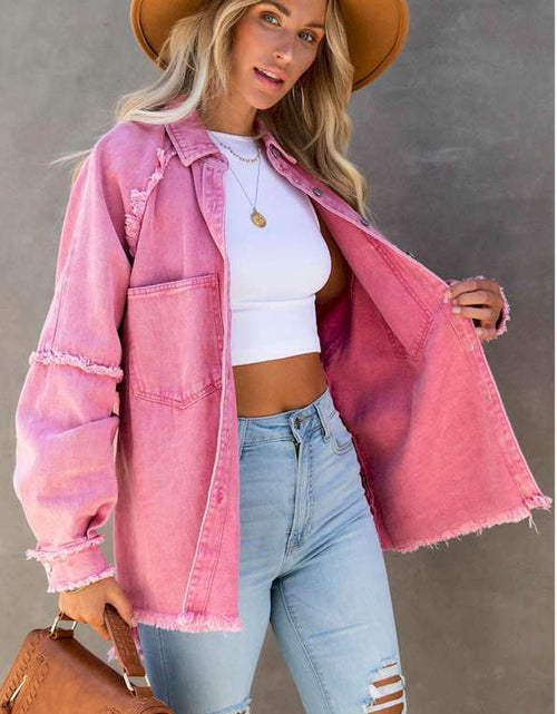 Load image into Gallery viewer, Pink Frayed Hemline Denim Shacket
