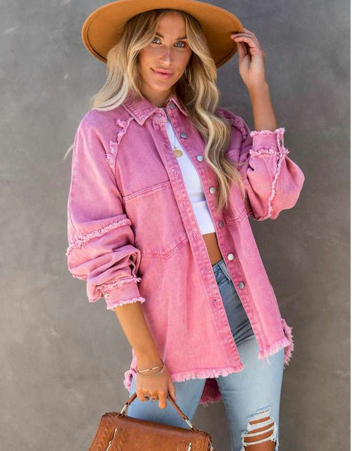 Load image into Gallery viewer, Pink Frayed Hemline Denim Shacket
