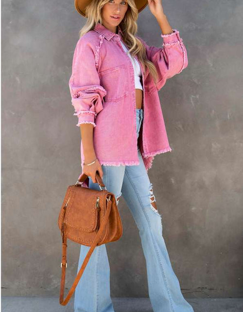 Load image into Gallery viewer, Pink Frayed Hemline Denim Shacket
