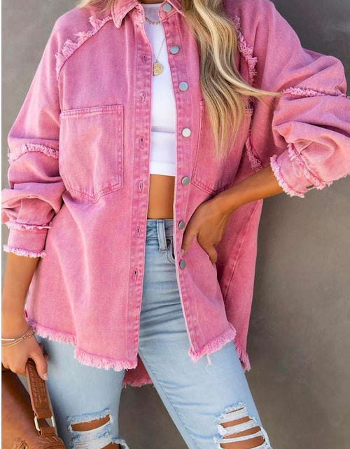 Load image into Gallery viewer, Pink Frayed Hemline Denim Shacket
